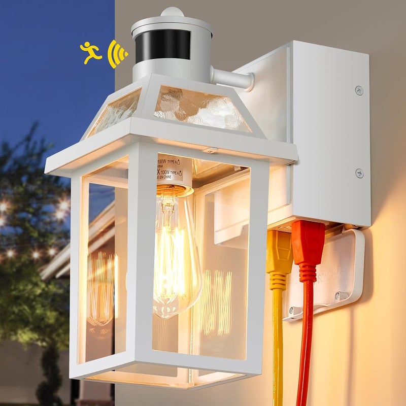 Yisuro Porch Lights with GFCI Outlet, Dusk to Dawn Motion Sensor Outdoor, 3 Lighting Modes Exterior Light Fixture, Outside for House Front Door Patio Garage(White) - Image 1